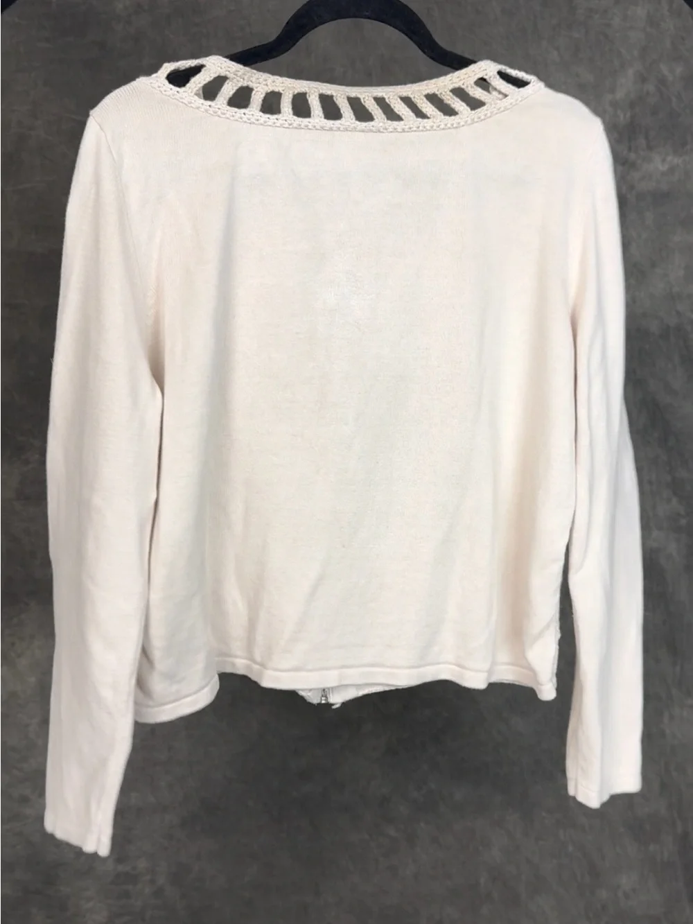 Chico’s Size 3 | Cream Crochet Zip Front Sweater Jacket - Picture 4 of 6